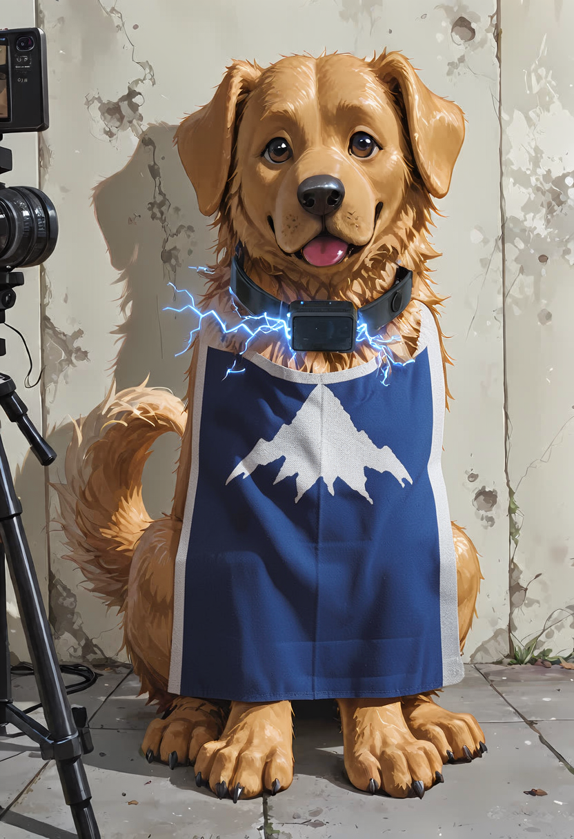 Golden retriever, facing camera — AI-added tabard
