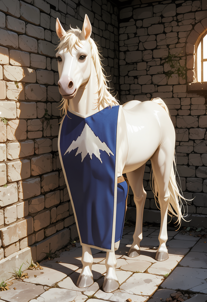 White horse, standing — AI-added tabard