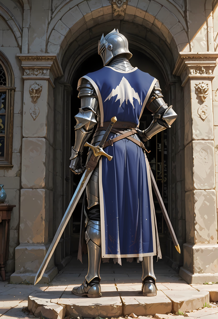 Knight, straight from behind — AI-added tabard